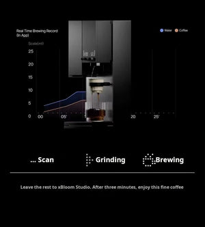 Smartphone app screen showing real-time pressure and temperature curves for xBloom Studio.