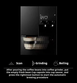 Infographic of xBloom Studio process showing scanning, grinding, and boiling stages.