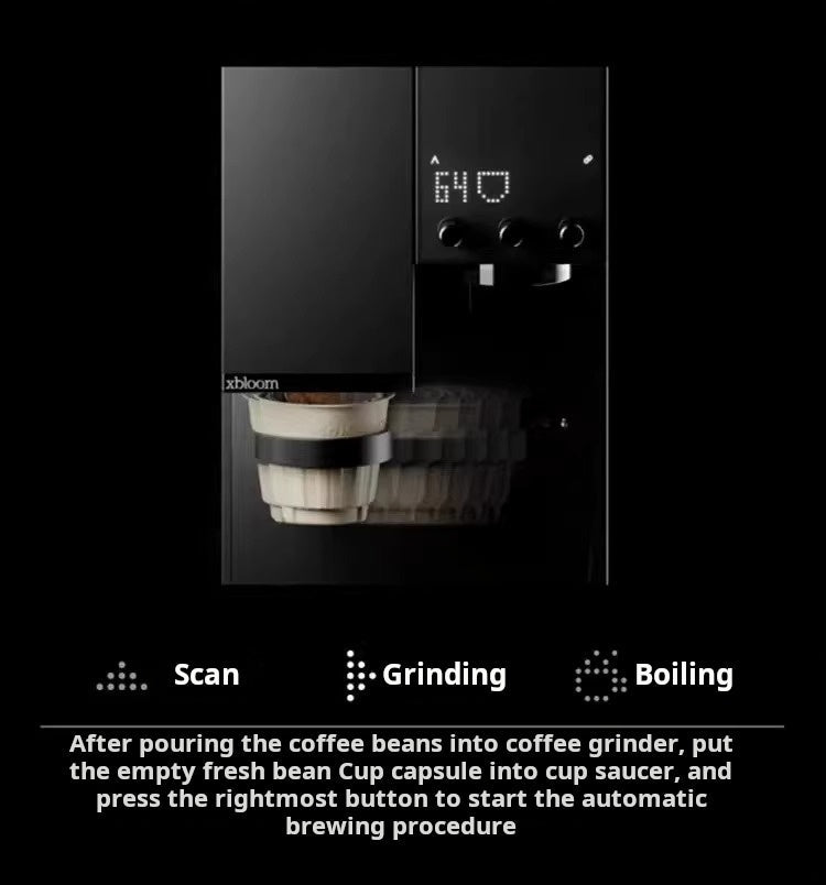 Infographic of xBloom Studio process showing scanning, grinding, and boiling stages.